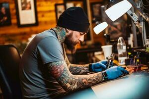 une tatoué homme à travail dans une vibrant tatouage parloir ai généré photo