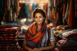 une femme entouré par une Montagne de vêtements ai généré photo