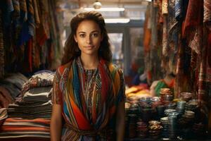 une femme admiratif une coloré afficher de écharpes dans une boutique ai généré photo