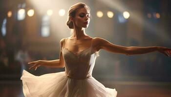 photo de une gracieux femme dansant dans une écoulement blanc robe ai généré