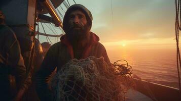 photo de une homme permanent sur une bateau en portant une ne ai généré