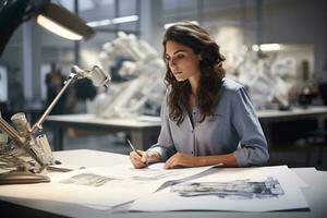 photo de une femme l'écriture à une bureau ai généré