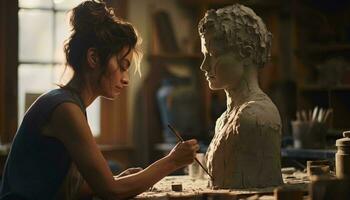 photo de une femme La peinture une sculpture de une femme tête ai généré