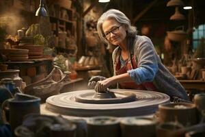 photo de une femme sculpture argile sur une poterie roue dans une vibrant poterie studio ai généré