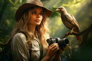 une femme avec une oiseau sur sa épaule capturer une moment avec sa caméra ai généré photo