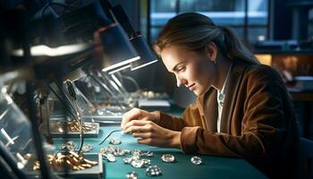 photo de une femme artisanat bijoux à une table de travail ai généré