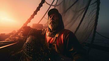 photo de une homme permanent sur une bateau en portant une net ai généré