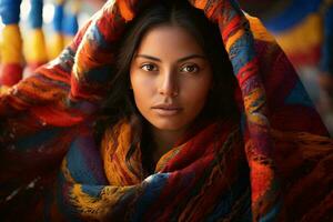 photo de une femme portant une vibrant écharpe sur sa tête ai généré