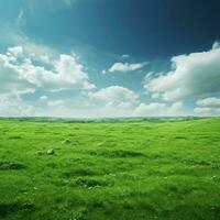 photo de une serein paysage avec luxuriant vert herbe en dessous de une spectaculaire nuageux ciel ai généré