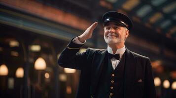 une homme dans une smoking saluer dans une train station ai généré photo