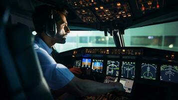 une homme dans le cockpit de un avion ai généré photo