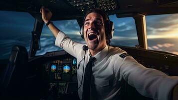 une pilote dans le cockpit avec un expression de concentrer et détermination ai généré photo