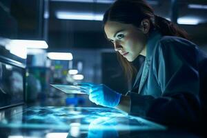 une femme dans une laboratoire en utilisant une tablette pour recherche et une analyse ai généré photo