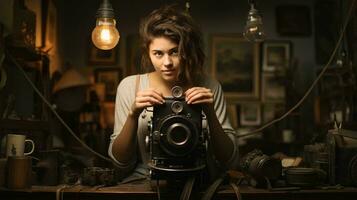 une femme capturer une moment à une table avec sa caméra ai généré photo