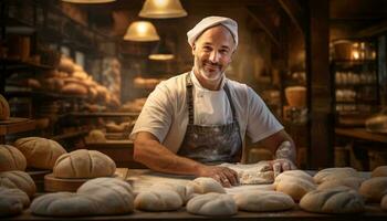 une boulanger pétrissage pâte dans une traditionnel boulangerie ai généré photo