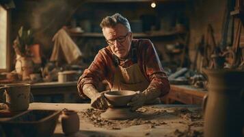 une homme création une céramique bol sur une potier roue ai généré photo