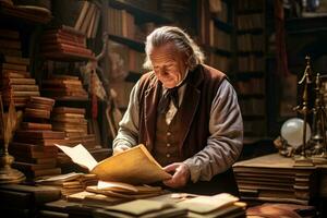 un personnes âgées homme absorbé dans en train de lire une livre dans une silencieux bibliothèque réglage ai généré photo