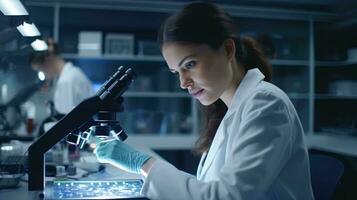 une femelle scientifique conduite recherche avec une microscope dans une laboratoire ai généré photo
