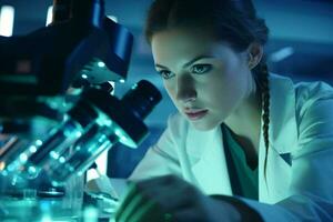 une femelle scientifique conduite recherche avec une microscope dans une laboratoire ai généré photo