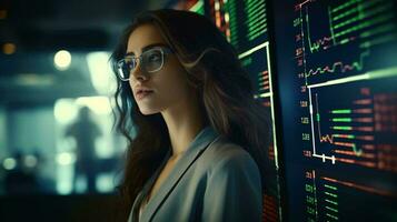 une femme en cours d'analyse une mur de Les données avec concentré concentration ai généré photo