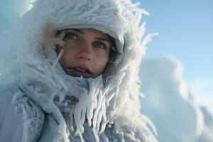 une femme portant une blanc manteau et une blanc chapeau ai généré photo