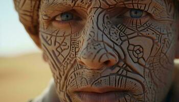 une homme visage couvert dans argile, mettant en valeur le art de sculpture ai généré photo