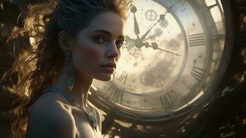 une étourdissant femme posant dans de face de une grandiose l'horloge ai généré photo