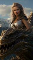 une femme équitation sur le retour de une dragon ai généré photo