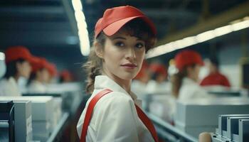 une femme portant une rouge chapeau et une blanc chemise ai généré photo