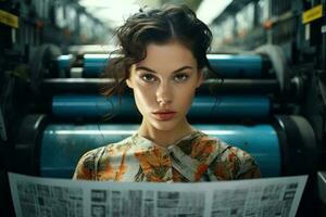 une femme en train de lire une journal sur une train ai généré photo