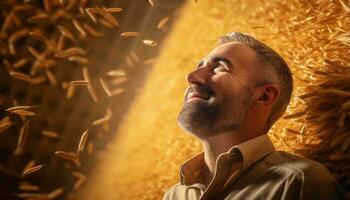 une homme permanent dans une champ de d'or grain ai généré photo
