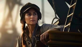 une femme dans une pirate costume permanent suivant à une bateau ai généré photo