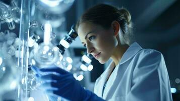 une femme portant une blanc laboratoire manteau et bleu gants ai généré photo