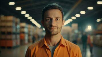 une homme dans un Orange chemise permanent dans une entrepôt ai généré photo