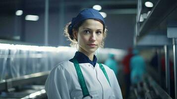 une femme dans une blanc chemise et vert bretelles ai généré photo