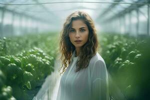 une femme entouré par luxuriant verdure à l'intérieur une vibrant serre ai généré photo