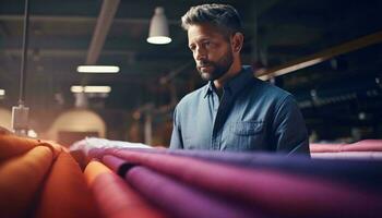 une homme examiner différent en tissu échantillons dans une textile boutique ai généré photo