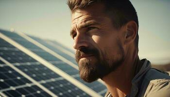une homme permanent dans de face de une solaire panneau, exploiter le Puissance de le Soleil ai généré photo