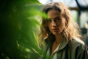 une femme posant avec une luxuriant vert plante ai généré photo