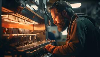 une homme en fonctionnement machinerie dans une usine ai généré photo
