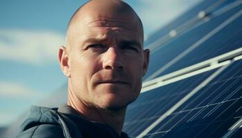 une homme permanent dans de face de une solaire panneau, exploiter le Puissance de le Soleil ai généré photo