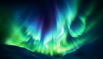 une vibrant vert et bleu aurore dansant dans le nuit ciel ai généré photo