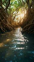 lumière du soleil diffusion par des arbres sur wate ai généré photo