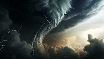 une spectaculaire orage nuage avec une puissant foudre boulon dans le centre ai généré photo