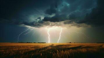 une spectaculaire foudre orage éclairant une vaste champ ai généré photo