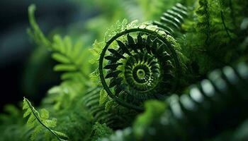 une fermer de une magnifiquement à motifs fougère plante avec une fascinant spirale conception ai généré photo