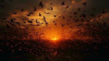 des oiseaux en volant plus de une magnifique le coucher du soleil ai généré photo