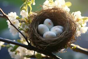 une oiseau nid avec quatre des œufs ai généré photo
