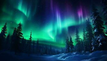 un enchanteur aurore borealis éclairant une neigeux forêt ai généré photo