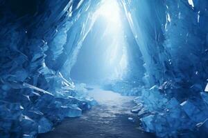 une fascinant la glace tunnel avec une captivant lumière à le fin ai généré photo